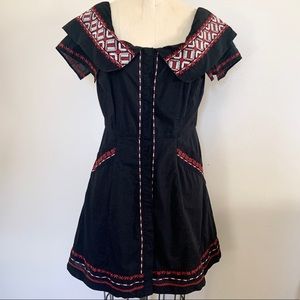 LoveShackFancy Black Mini Dress with Red & White Embroidery